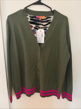 Vilagallo Olive Green Cardigan with Hot Pink Trim